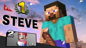 Minecraft Steve's Smash Bros. Ultimate victory pose looks like he's holding his...