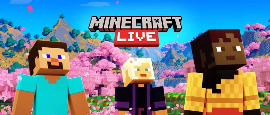 The promotional art for Minecraft Live 2023, showing characters standing in a line against a blossommy background.
