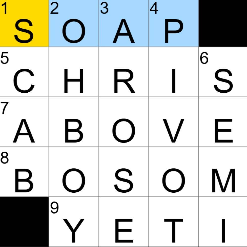 The completed NYT Mini Crossword for 02/09/2025, showing all the answers for each clue.