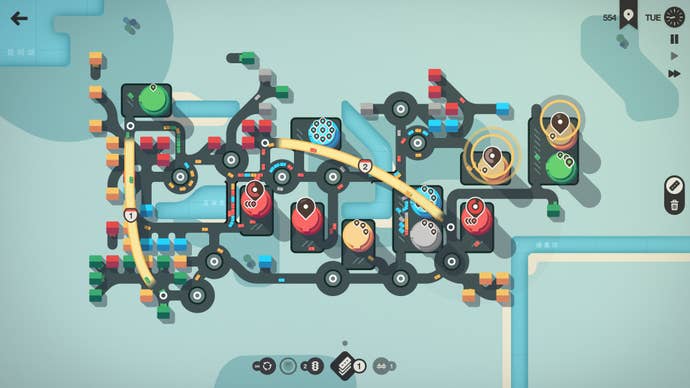 A green and blue road map of a busy city in Mini Motorways
