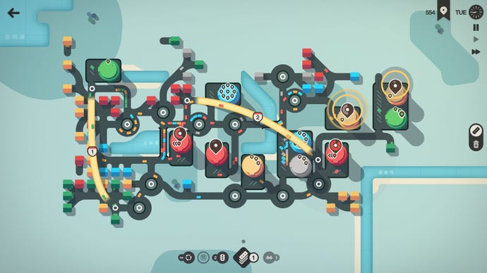A green and blue road map of a busy city in Mini Motorways