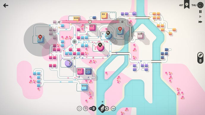 A pink and white minimalist-style road map of Tokyo in Mini Motorways