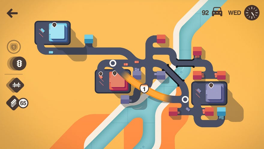 A screenshot of Mini Motorways, showing a bundle of roads seen from above, on a mostly orange map.