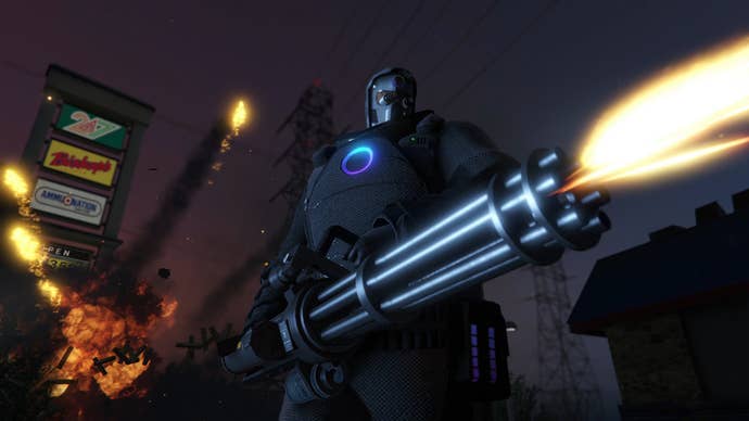 An armoured character with minigun in GTA Online: The Criminal Enterprises trailer
