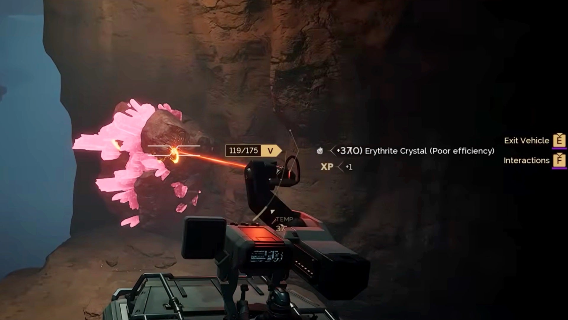 A buggy with an attached laser cuts away at a chunk of Erythrite Crystal in Dune Awakening. - 5