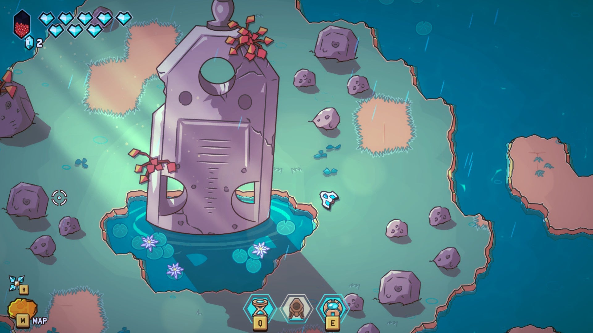 Minishoot resting on an island next to an enormous statue emerging from a pond in Minishoot' Adventures. - 4