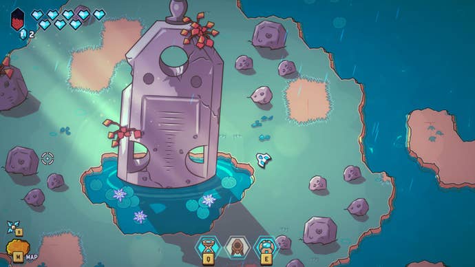 Minishoot resting on an island next to an enormous statue emerging from a pond in Minishoot' Adventures.