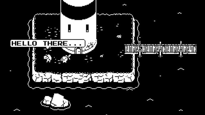 A small creature talks to another small creature by a lighthouse in Minit