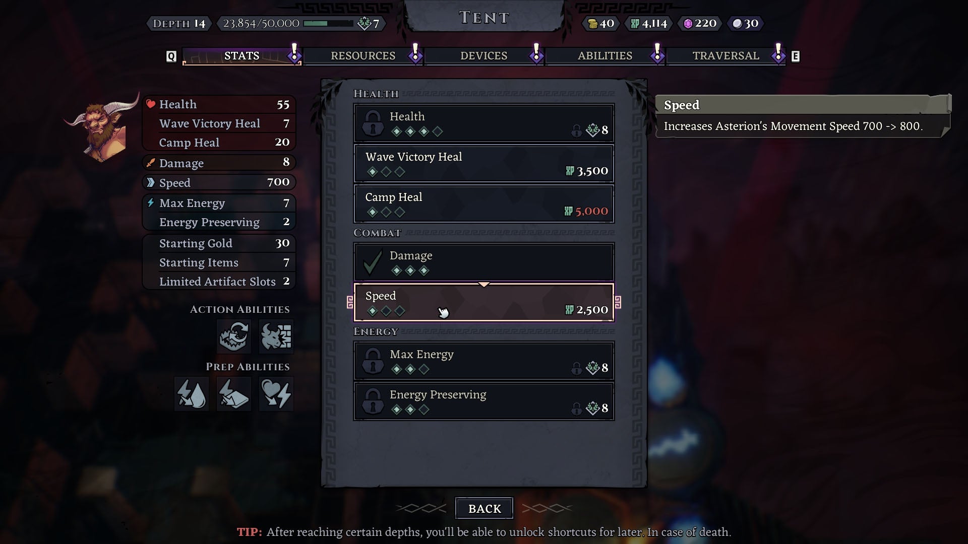 The player upgrades Asterion in Minos