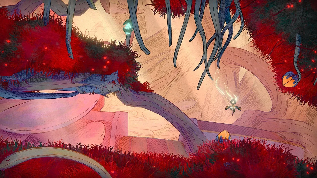 MIO: Memories in Orbit official screenshot showing you in crimson red overgrowth