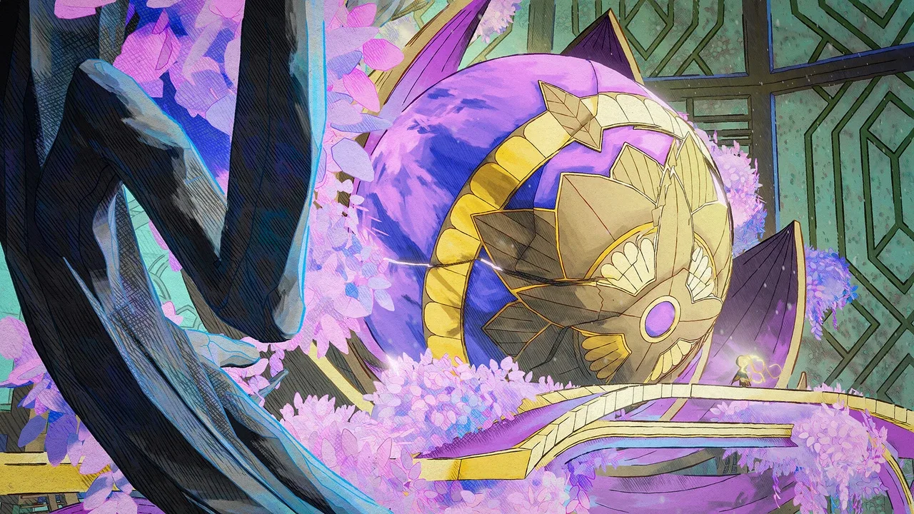 MIO: Memories in Orbit official screenshot showing purple and gold floral machinery surroundings