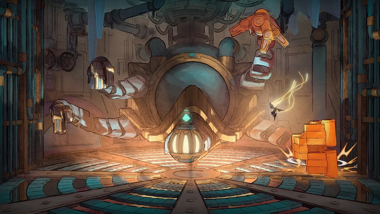 MIO: Memories in Orbit official screenshot showing an orange-hued mechanical workshop of the future