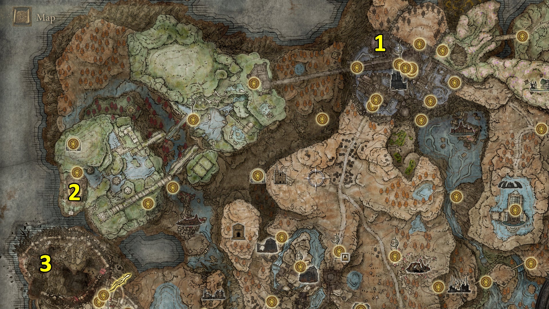 A map of the locations that must be visited to unlock Miquella’s Cross near Spiral Rise in Elden Ring: Shadow of the Erdtree. - 16