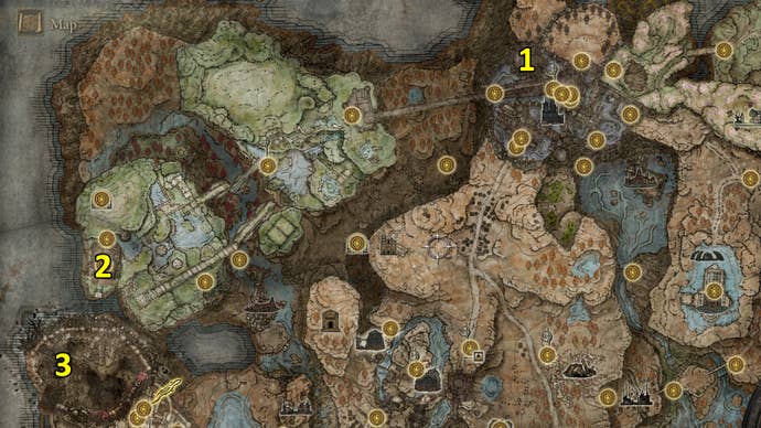 A map of the locations that must be visited to unlock Miquella’s Cross near Spiral Rise in Elden Ring: Shadow of the Erdtree.