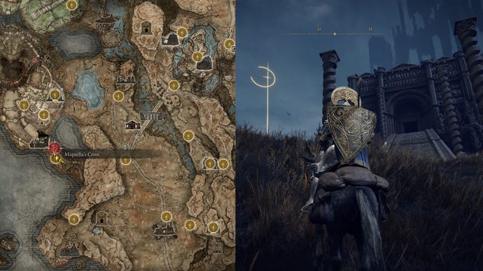 Miquella’s Cross in front of Belurat in Elden Ring: Shadow of the Erdtree.