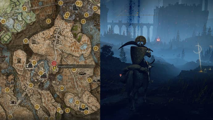 Miquella’s Cross location north of Castle Ensis in Elden Ring: Shadow of the Erdtree.