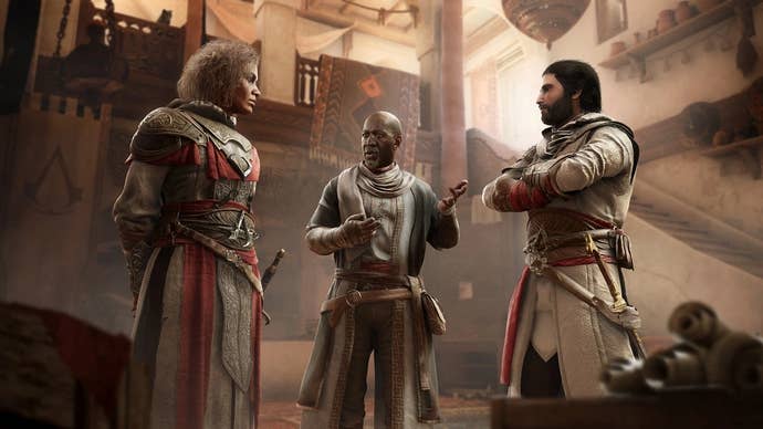 Three characters have a chat in Assassin’s Creed Mirage.
