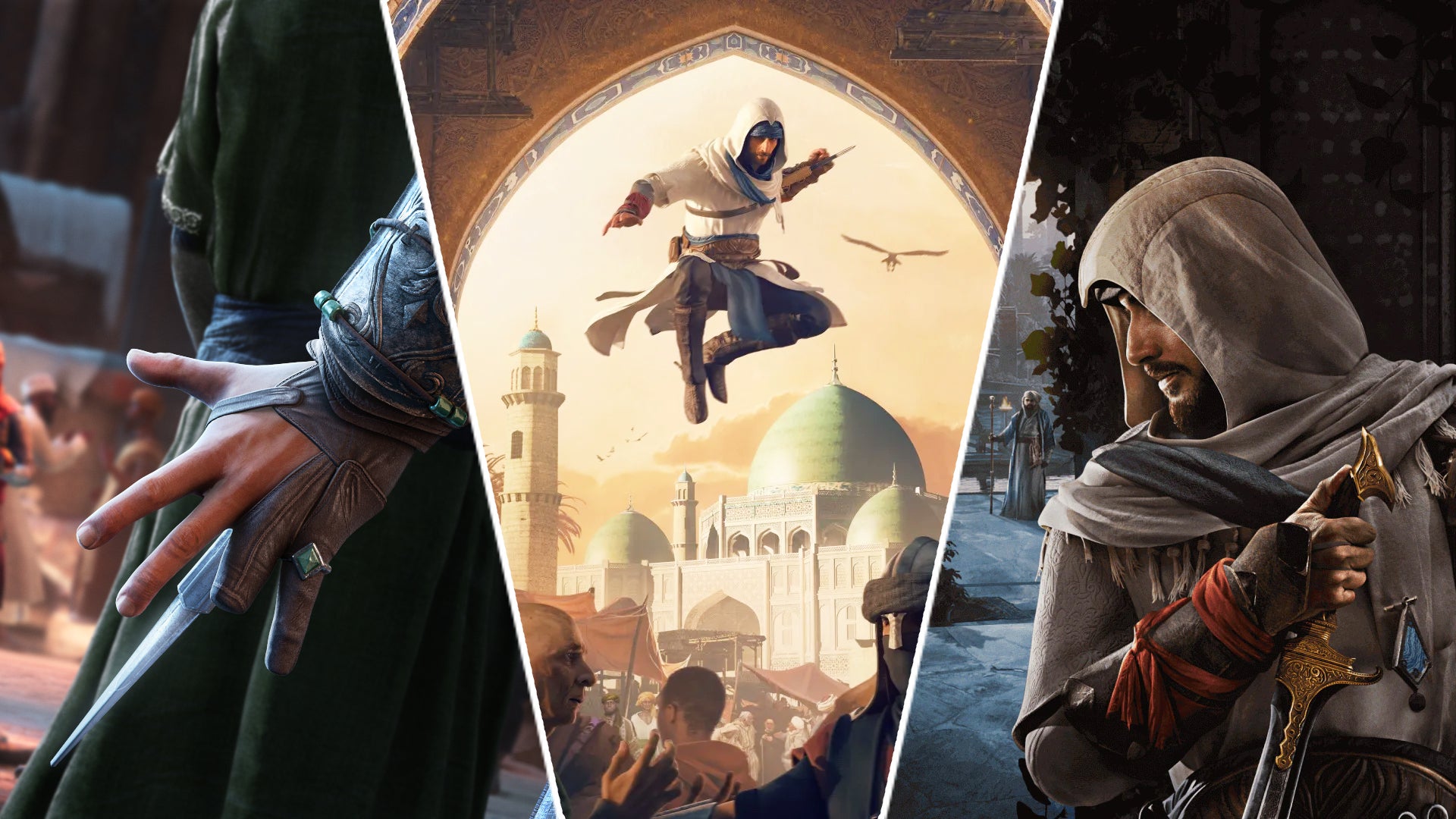 A triple-split image, featuring Basim from Assassin's Creed. One image is him leaping in the air, another sees him skulk in the shadows, and a final focuses on his missing ring finger and hidden blade. - 1