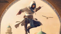 Assassin's Creed Mirage's main character Basim leaps from above, arm raised in attack.