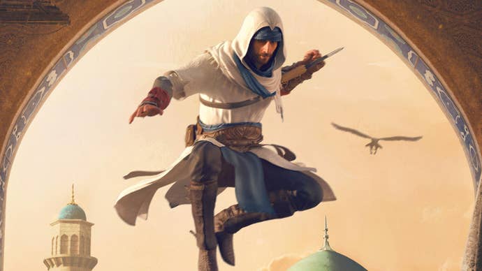 Assassin’s Creed Mirage’s main character Basim leaps from above, arm raised in attack.