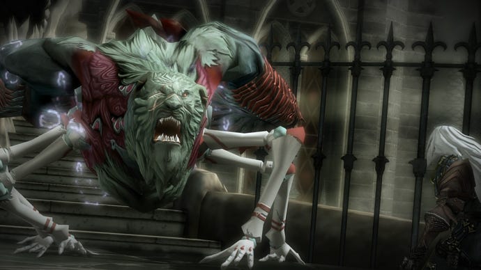 A boss with a lion's head and skeleton legs approaches in Castlevania: Mirror Of Fate HD