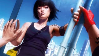 Concept art from Mirror's Edge, showing main character faith reaching out and touching the mirrored wall of a tall, shiny glass building. She sees her reflection - black vest, tattooed arm, bob haircut - against the backdrop of the skyscraper city behind her. There's a lot of piercing sky blue in the image.