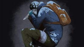 An illustration of an ailing Long Dark player curled up holding a knife and covered in snow