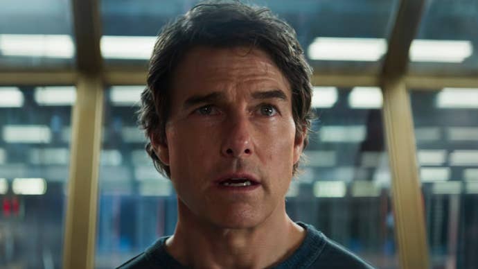 Tom Cruise in Mission: Impossible - The Final Reckoning, he has a serious expression on his face.