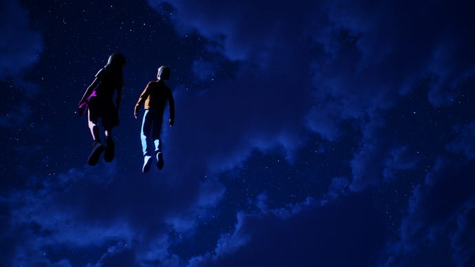 Two teens float in space, listening to music, looking at the stars.