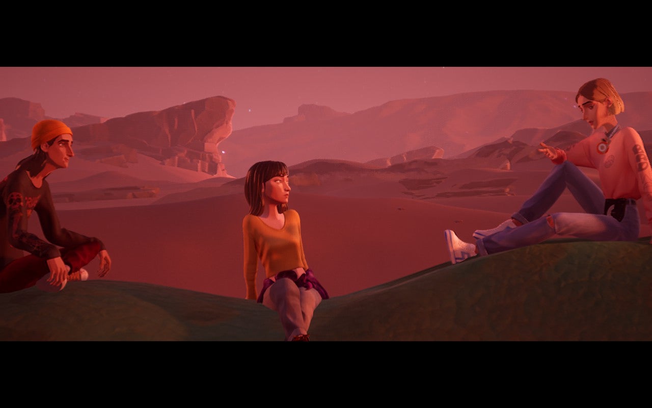 Mixtape screenshot showing the trio sat on a dinosaur's back in a pink desert