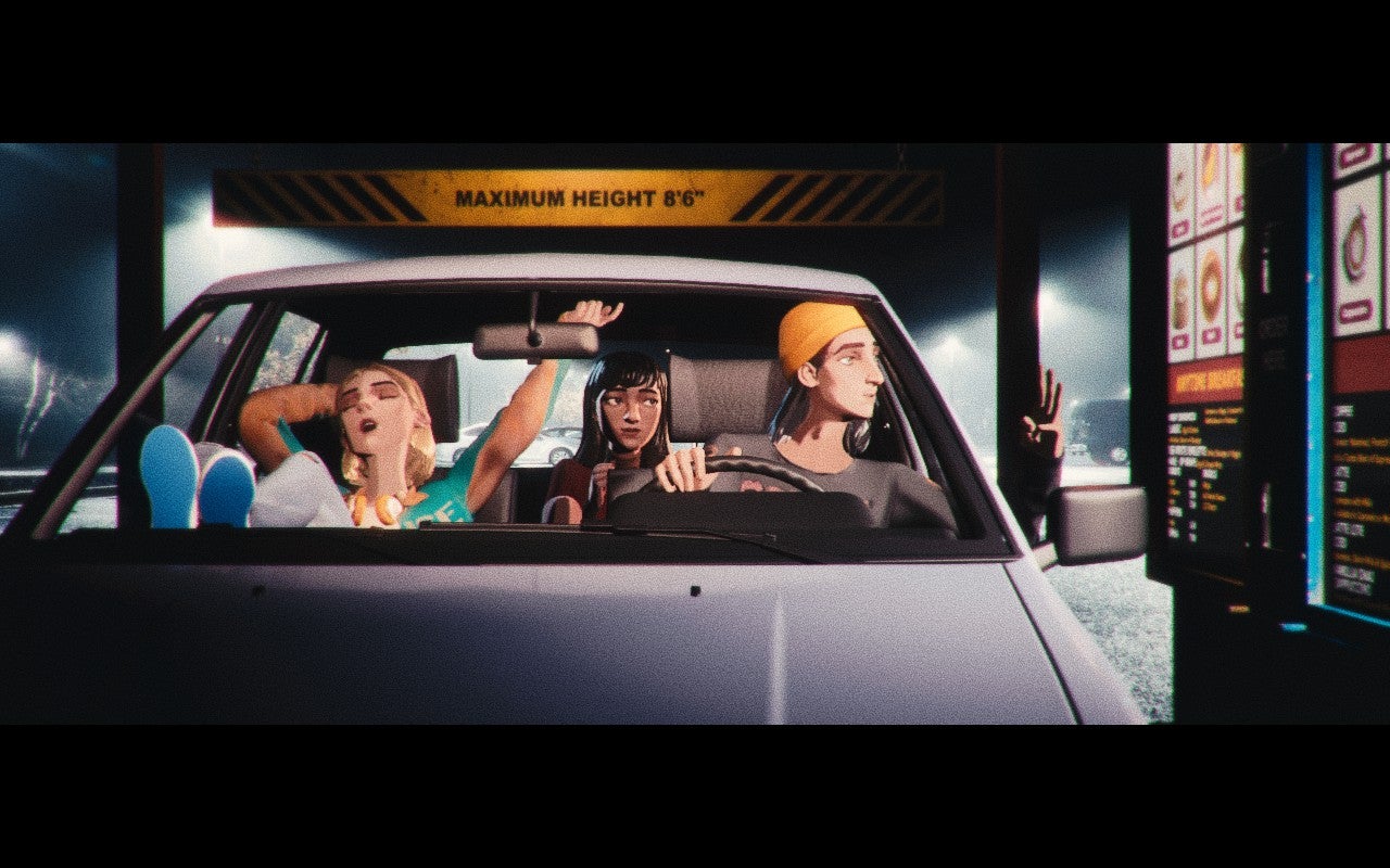 Mixtape screenshot showing the trio of friends in their car, singing to music while ordering at a drive through