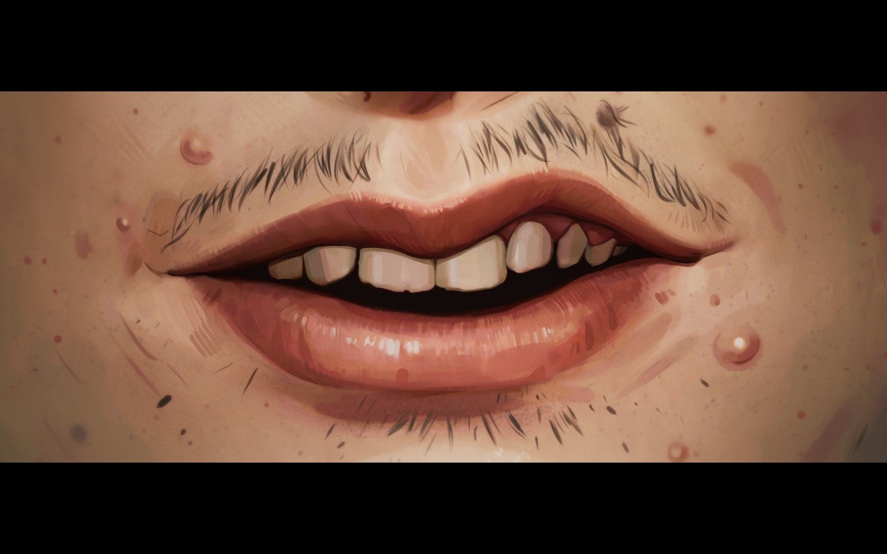 Mixtape screenshot showing an extreme close up of Slater's spotty, whispy-haired moustache and mouth
