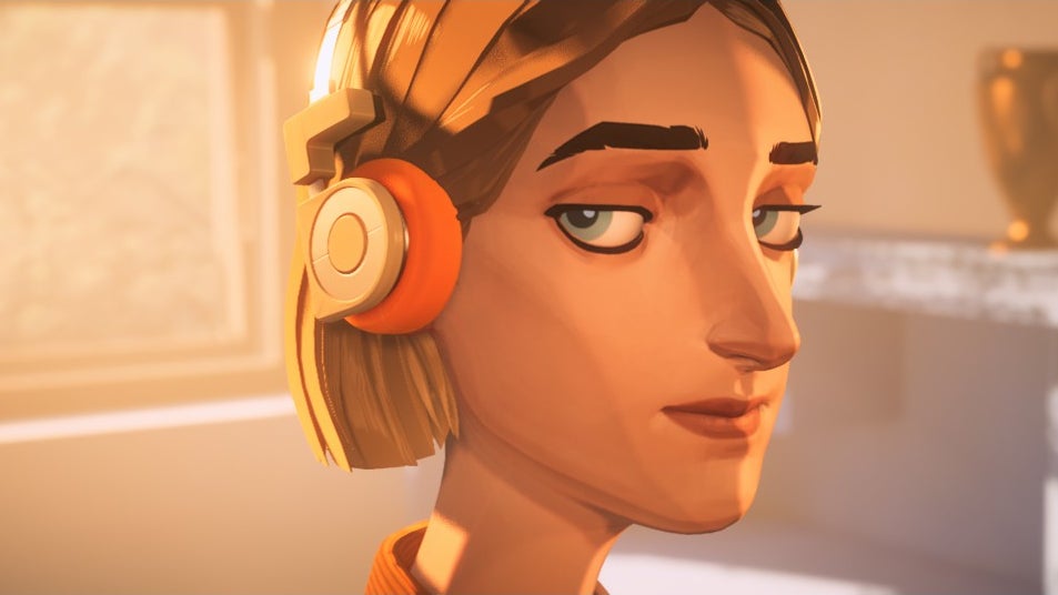Mixtape screenshot, cropped, showing Stacey looking wryly toward the camera, orange headphones over her ears