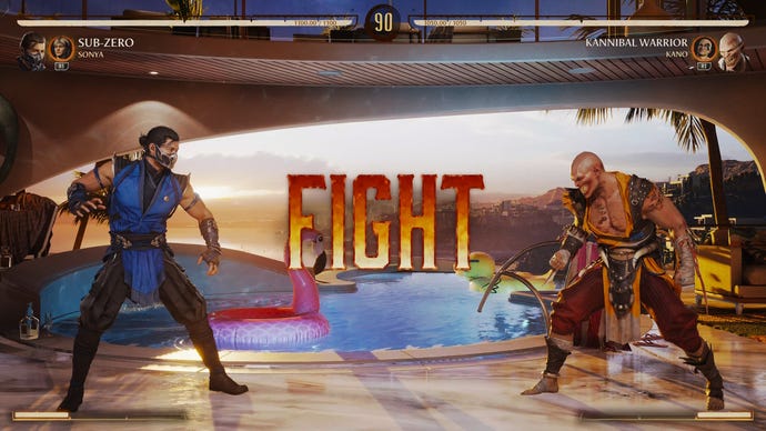 Two fighters prepare to fight by a poolside in Mortal Kombat 1's Invasion mode