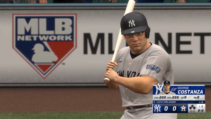 George Costanza at the plate in MLB The Show 24.