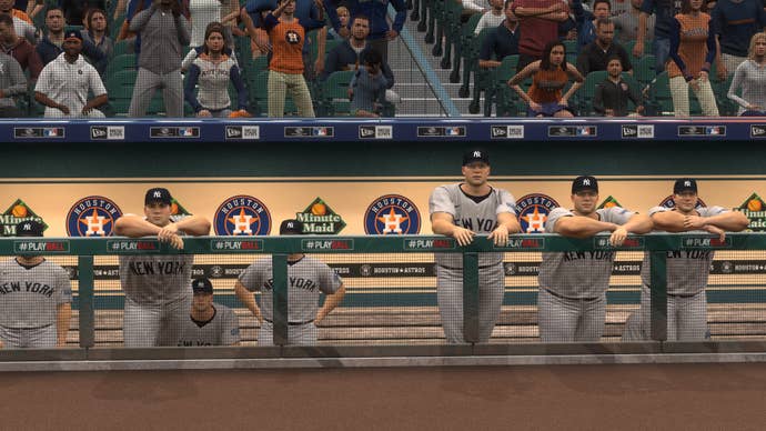 A dugout full of lengthened Costanzas in MLB The Show 24.