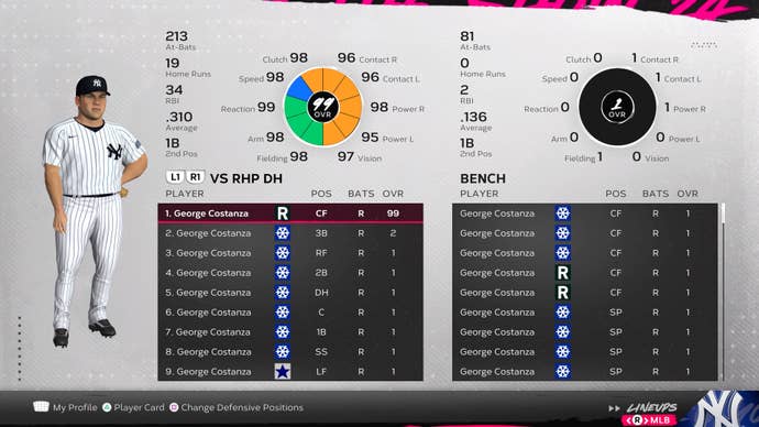 A lineup of Costanzas in MLB The Show 24.