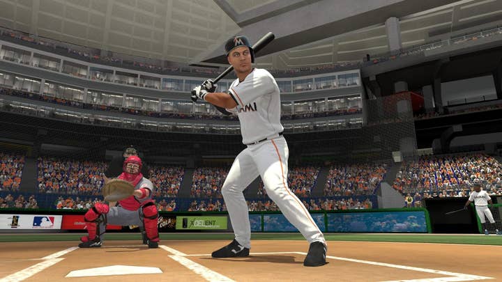 An MLB 2K13 screenshot showing a batter at the plate with the catcher behind him