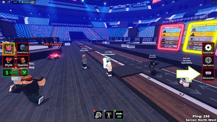 A screenshot of MMA Legends in Roblox showing the game’s rewards button.