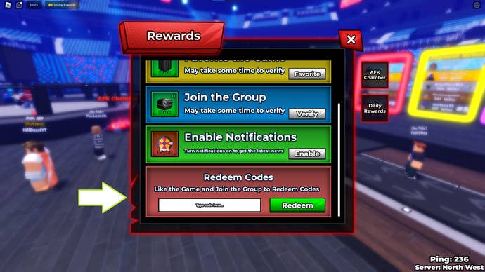 A screenshot of MMA Legends in Roblox showing the game’s codes page.