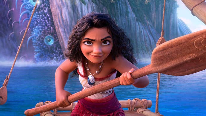 Moana is holding an oar while stood on a makeshift boat, a confident expression on her face.