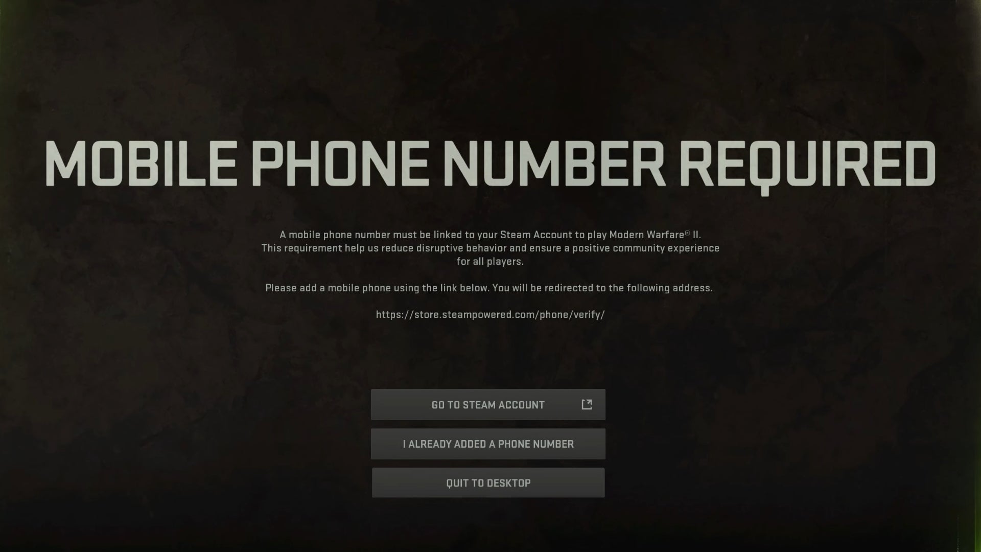 A black screen in Modern Warfare 2 with text asking the player to verify their mobile phone number on Steam.