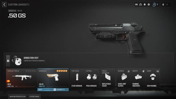 Screenshot of a .50 GS loadout in Modern Warfare 3