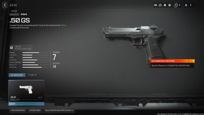 Screenshot of the .50 GS stats in Modern Warfare 3
