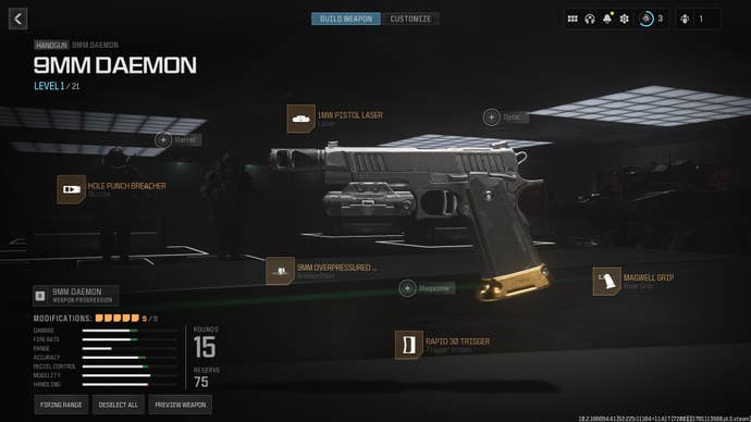 Screenshot of 9mm Daemon attachments in Modern Warfare 3