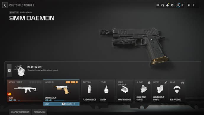 Screenshot of a 9mm Daemon loadout in Modern Warfare 3
