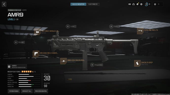 Screenshot of a AMR9 attachment loadout in Modern Warfare 3