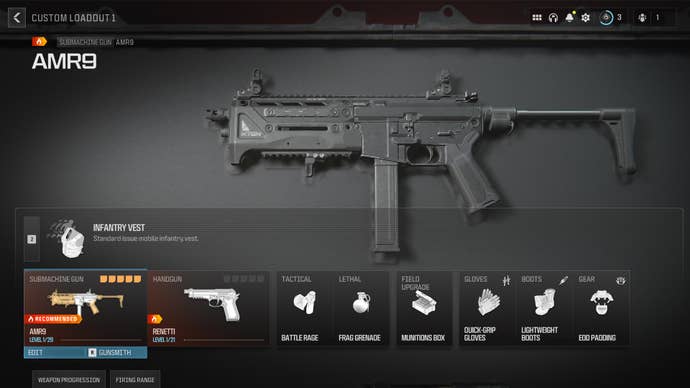 Screenshot of a AMR9 equipment loadout in Modern Warfare 3