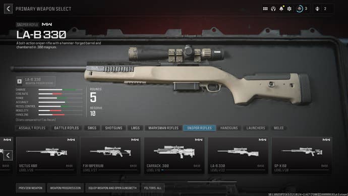 Screenshot of the LA-B 330 starting stats in Modern Warfare 3