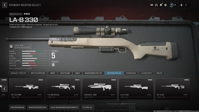 Screenshot of the LA-B 330 starting stats in Modern Warfare 3